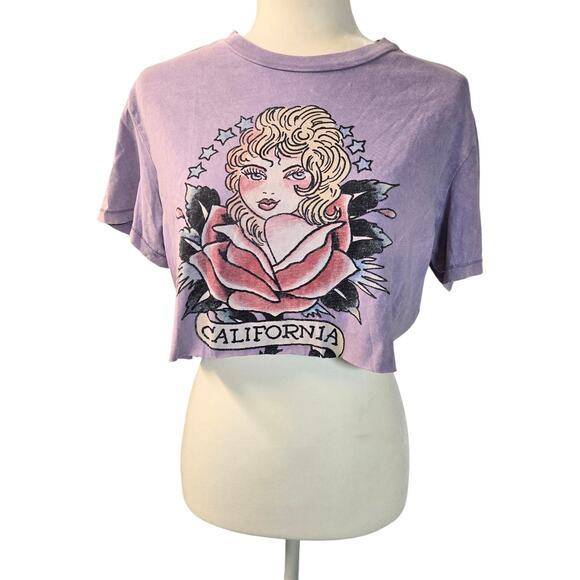 Ed Hardy Women Shirt Cropped Y2K Purple Tshirt Cut Off Festival Hippie Sz Large - Picture 1 of 5